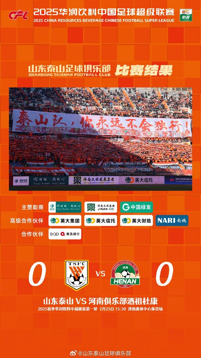 中超首戰(zhàn)，泰山隊(duì)雖未取勝，但全隊(duì)展現(xiàn)出了頑強(qiáng)的拼搏精神